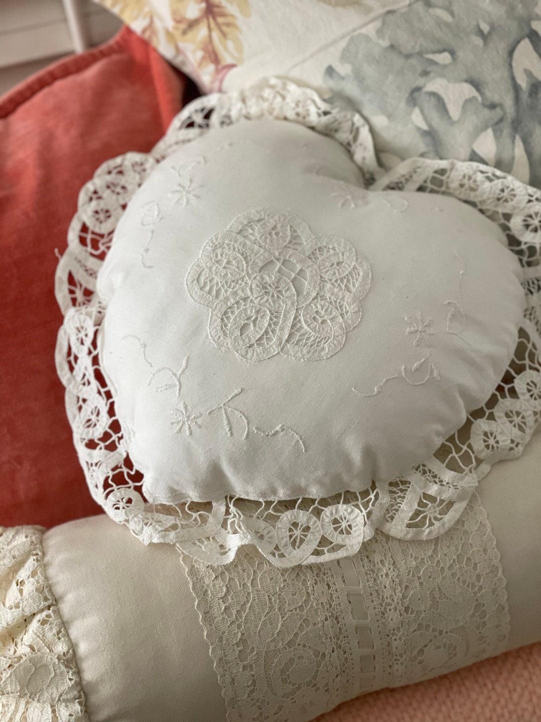 Vintage White Linen and Lace Heart Pillow/ Handmade/ Valentines Pillow