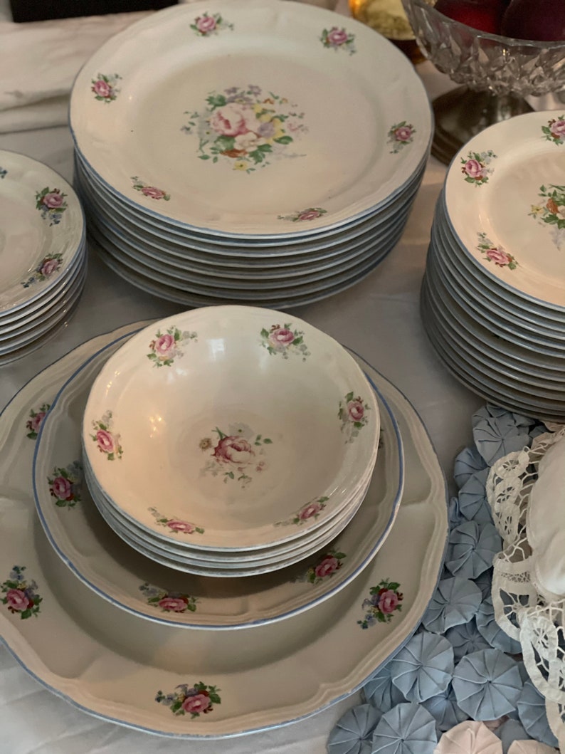 Vtg Perugino Stoneware Faded Pink&blue Roses by Tabletops Unlimited