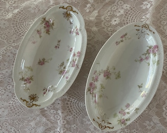 Limoges Haviland & Co Pink Roses wGreen Leaves/Schleiger42/S2/ Relish Dish 8.5" Detalle de oro/ Plato para servir condimentos/LSF, Princesscore,