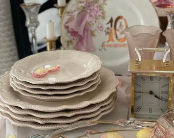 Pioneer Woman Pink/Paige Linen White/12pc Dinnerware Set/Stoneware/FrenchCountryCottage,ShabbyChic,SoftGirl,Romantic,Academia,Feminine,Princ