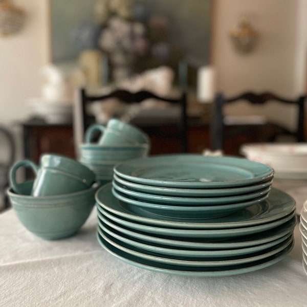 Turquoise PB Cambria Dinnerware Set/ 12” Dinner Plates, Salad Plates, Cereal Bowls, Mugs/Pottery Barn Dinnerware