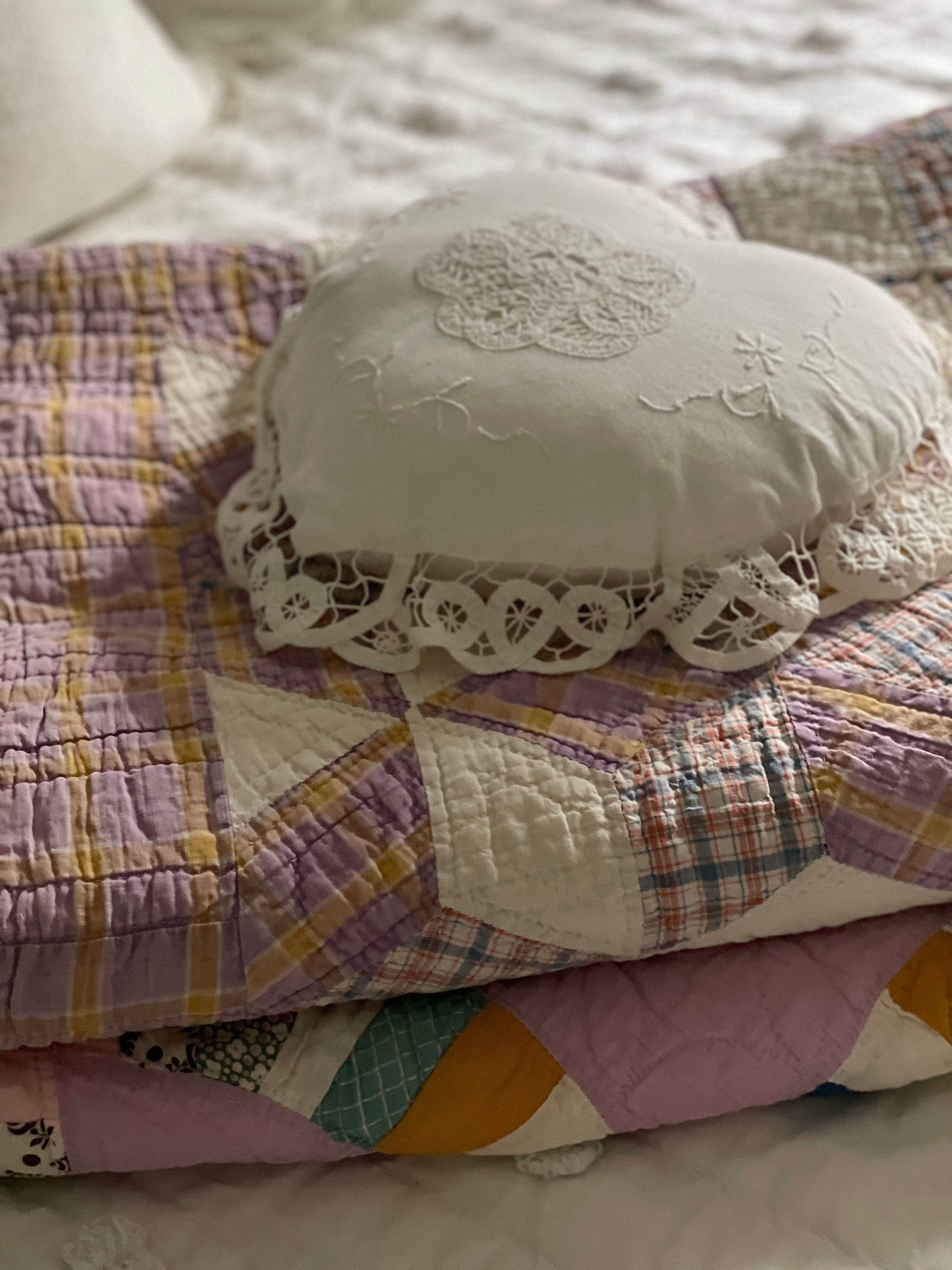 Vintage White Linen and Lace Heart Pillow/ Handmade/ Etsy