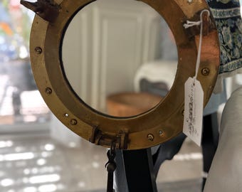 Vintage Nautical Heavy Authentic Brass Porthole Mirror with Hanging anchor (12"dia x 20”l) SHIPPING NOT INCL. Msg prior to purchasing