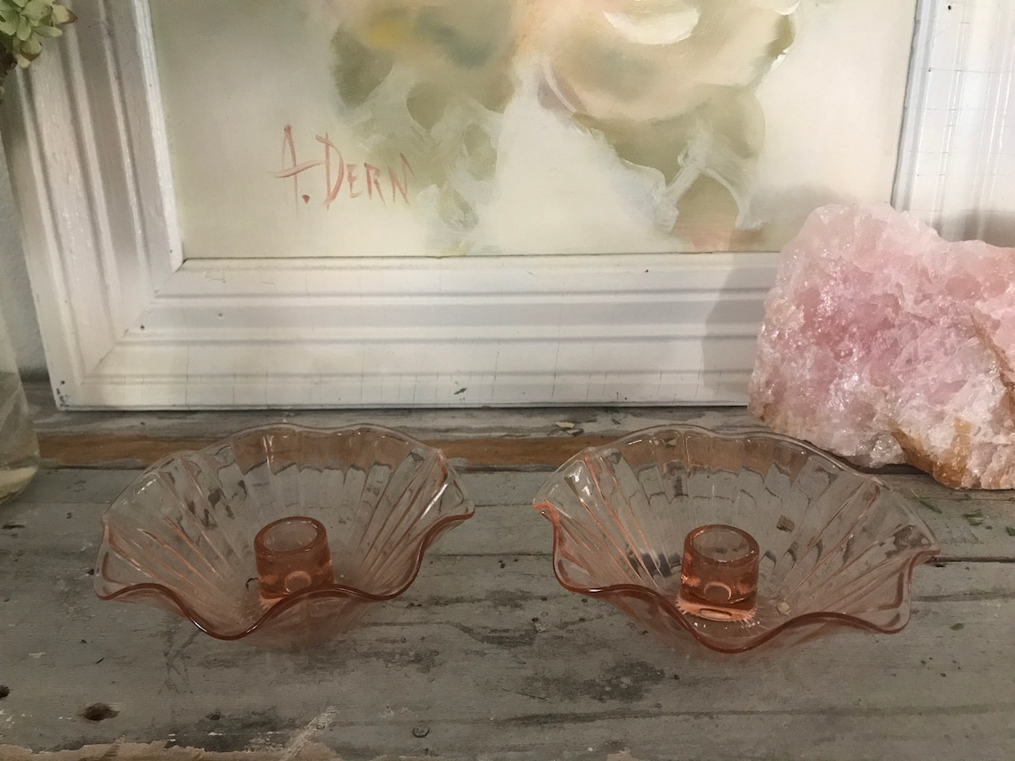 Vintage pink glass taper candle holders/floral candle Etsy