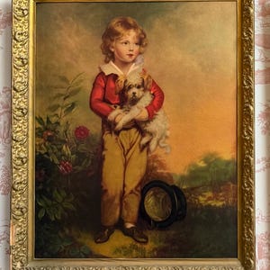 Reproducción antigua de la obra "Master Simpson" de Arthur William Devis, enmarcada con marco dorado, 22,5 x 18 cm / Niño pequeño con cachorro / Romántico, victoriano, retrato