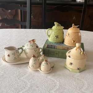 Crown Devon Honeypot/Engeland/Vintage entertainende Bumblebee theeset 30s-40's/70s Bumblebee Creamer, S&P, Sugar Bowls/Cottage, Farmhouse, Country