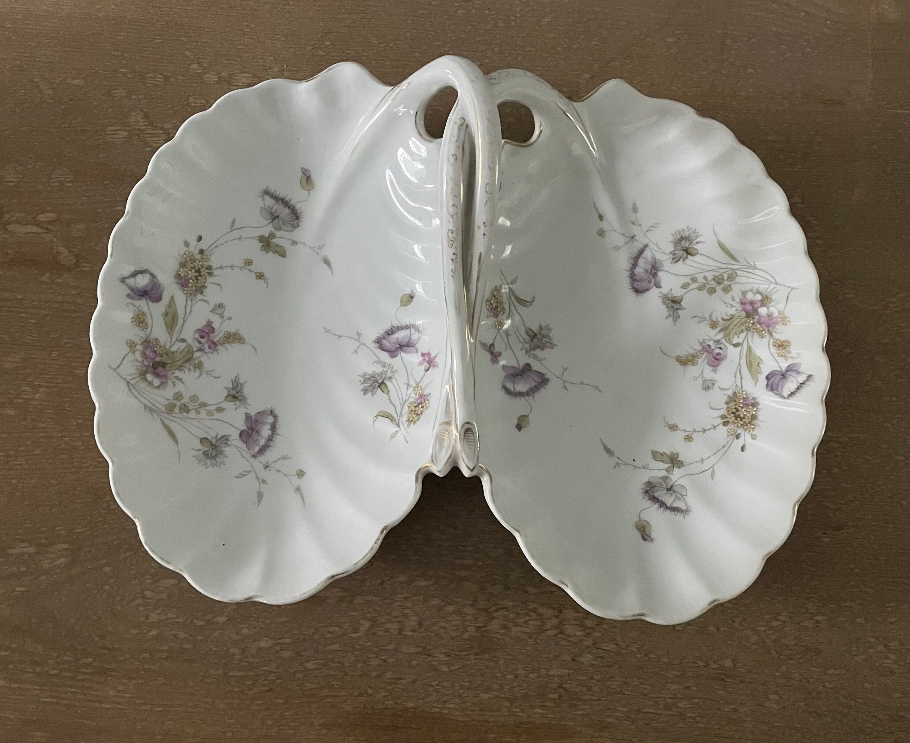 Antique Double Bowl/Vtg Lobster Serving Dish/purple Florals gold detail/fruit bowl/frenchCountryCottage,Victorian,Cottagecore,English,academ