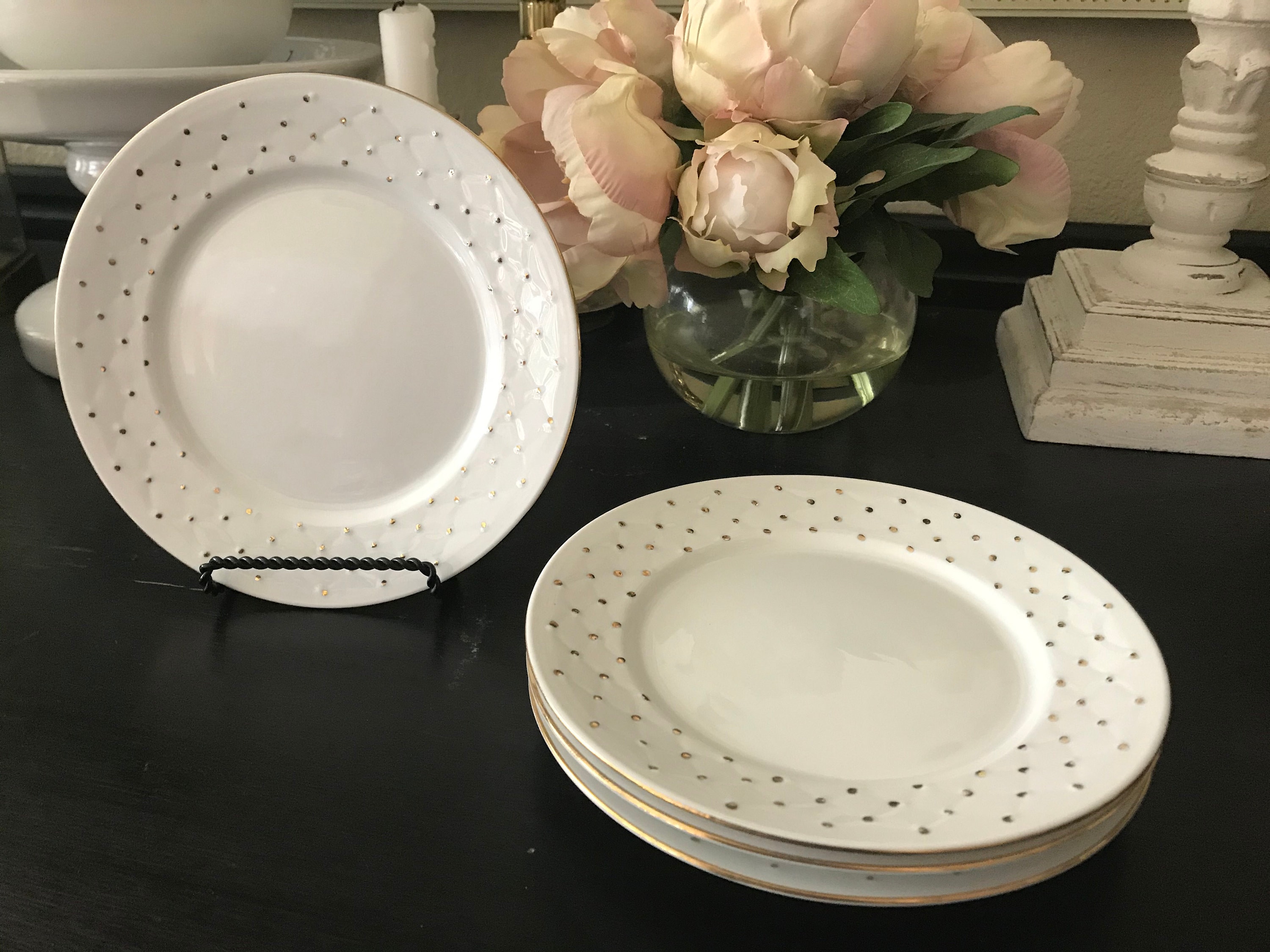 S4 Gourmet Expressions Golden Poke a dot Gres Ensalada Postre Platos de pan blanco y dorado LSF San Valentin Primavera TeaParty ShabbyChic Cabana Etsy Mexico