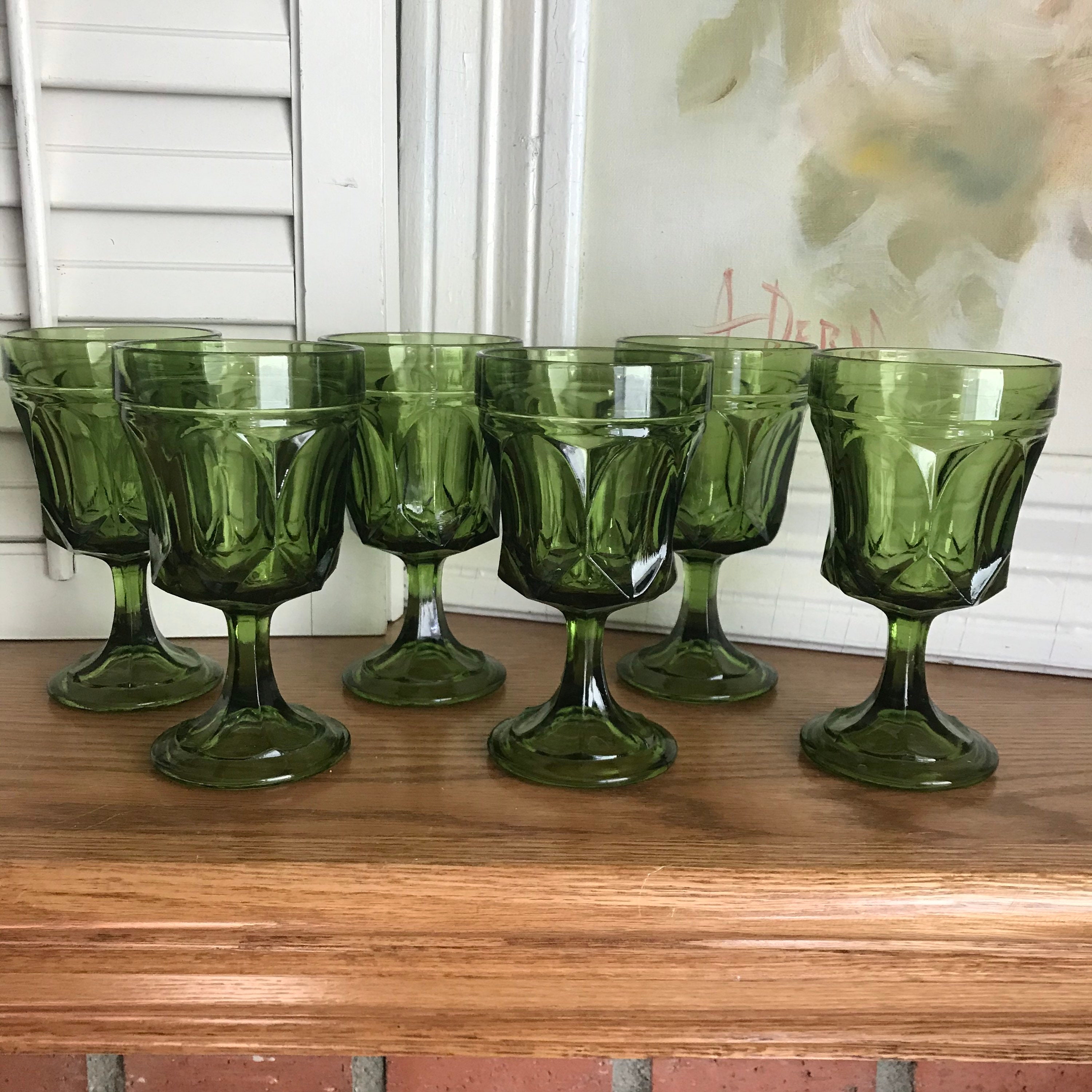 Vintage Green Water Goblets/pedestal Stemware/set of Etsy