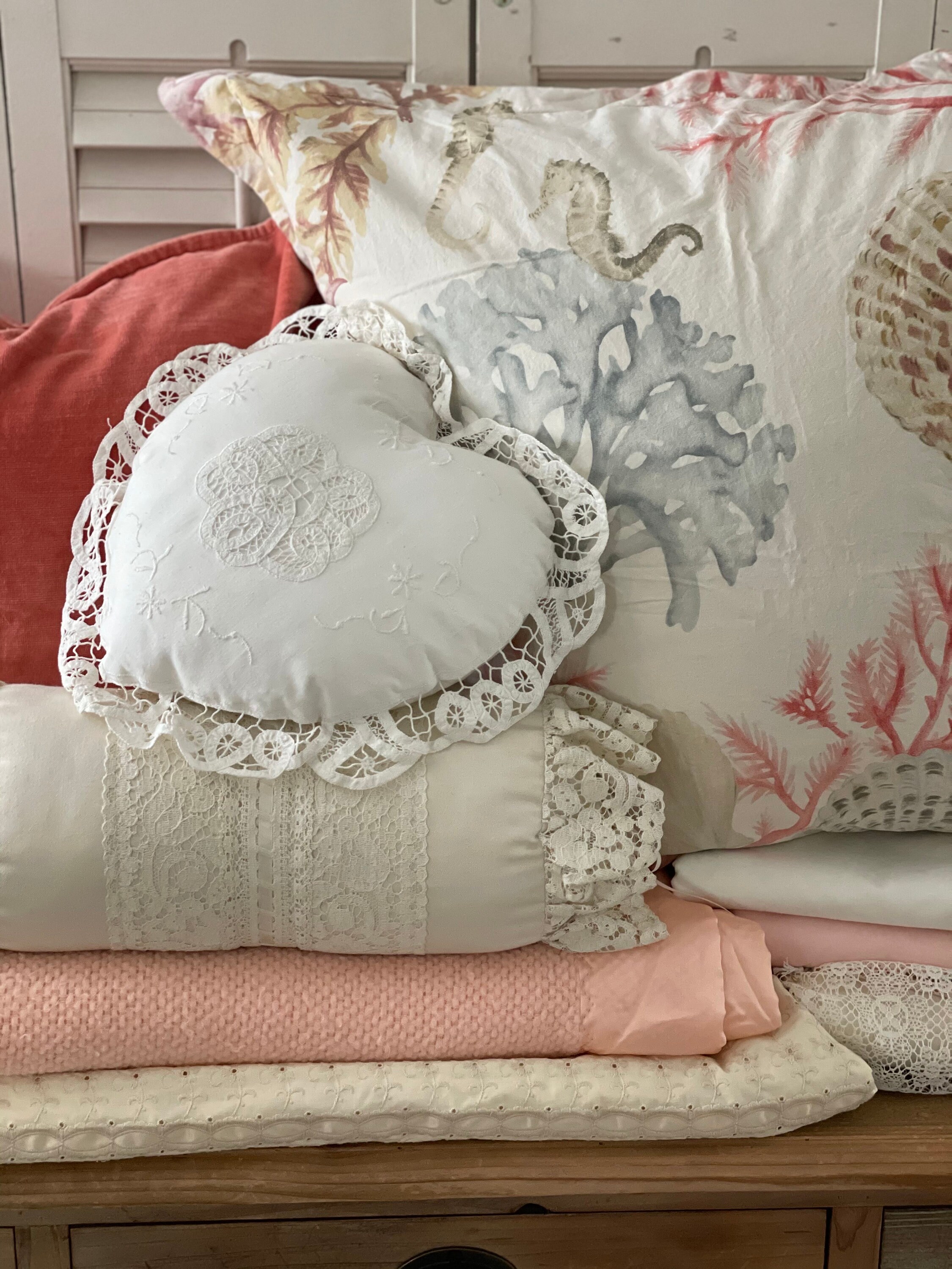 Vintage White Linen and Lace Heart Pillow/ Handmade/ Etsy