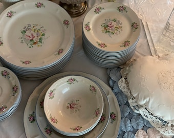Vtg Perugino Stoneware Faded Pink&Blue Roses by Tabletops Unlimited/Pno3/Plates,bowls/Cottagecore,ShabbyChic,Farmhouse,Retro,English,Romatic