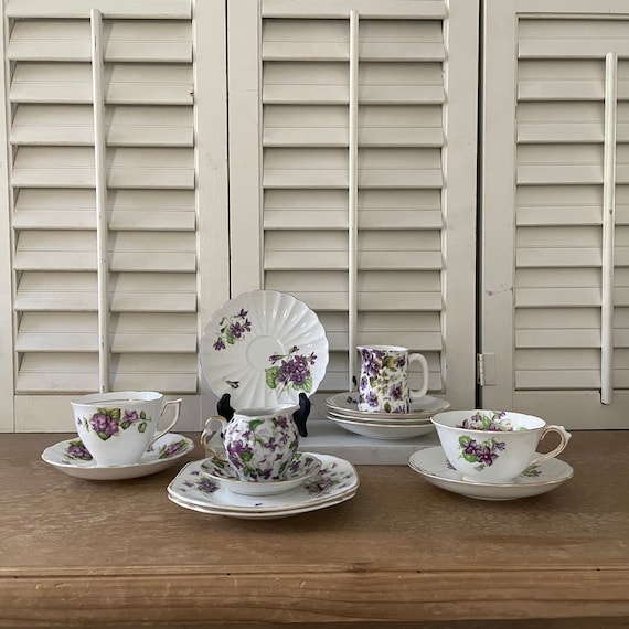 Vintage English Violet China Tea Set/assorted Violet Tea Cups