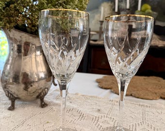 Par de copas de vino vintage Mikasa Crystal Rendezvous con borde dorado y tallo / Repuestos / Boda, Nupcial