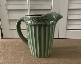 Vtg Green Water Pitcher/Pottery Stoneware/Ribbed/SpringGarden,Easter Creamer,Cottagecore,Farmhouse,Cabin,LakeHouse,Southern,Colonial,Provinc