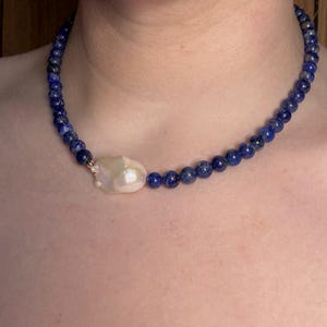 8mm Lapis Lazuli Necklace 18” with Baroque Pearl – Handmade Gemstone Beaded Jewelry, 14K Gold Filled, Freshwater Pearl Necklace