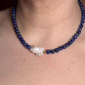 8mm Lapis Lazuli Necklace 18” with Baroque Pearl 2.0 – Handmade Gemstone Beaded Jewelry, 14K Gold Filled, Freshwater Pearl Necklace