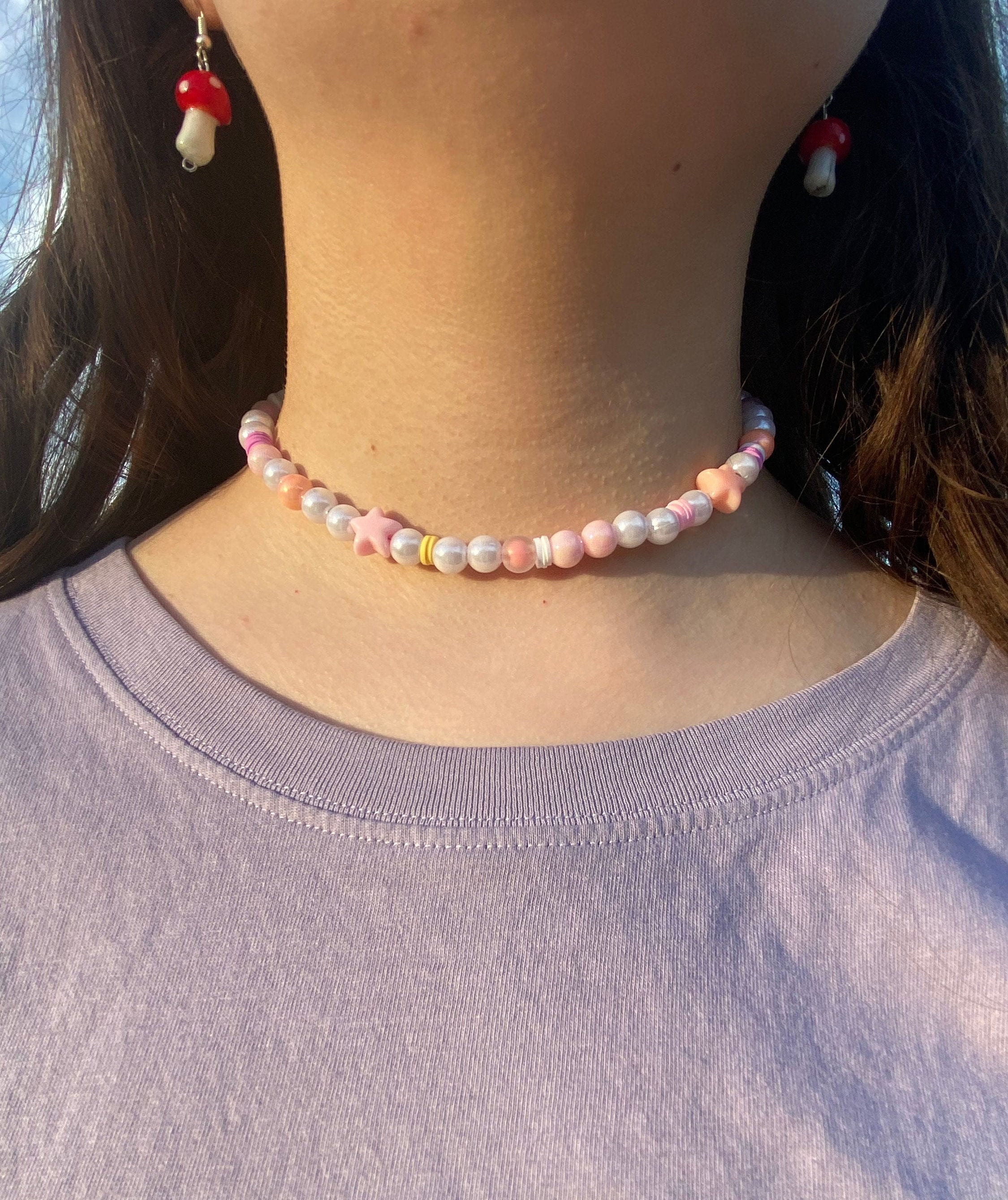 Funky Pink beaded choker necklace Pearl beaded necklace Etsy