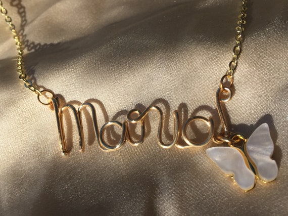 Wire Name Necklace Custom With Acrylic Butterfly Charm Etsy