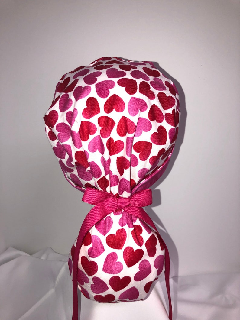 Ladies Valentine surgical scrub hat cap with ponytail