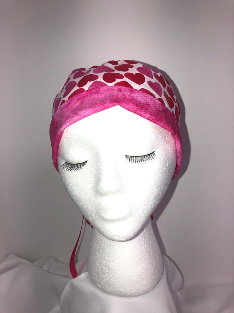 Ladies Valentine surgical scrub hat cap with ponytail