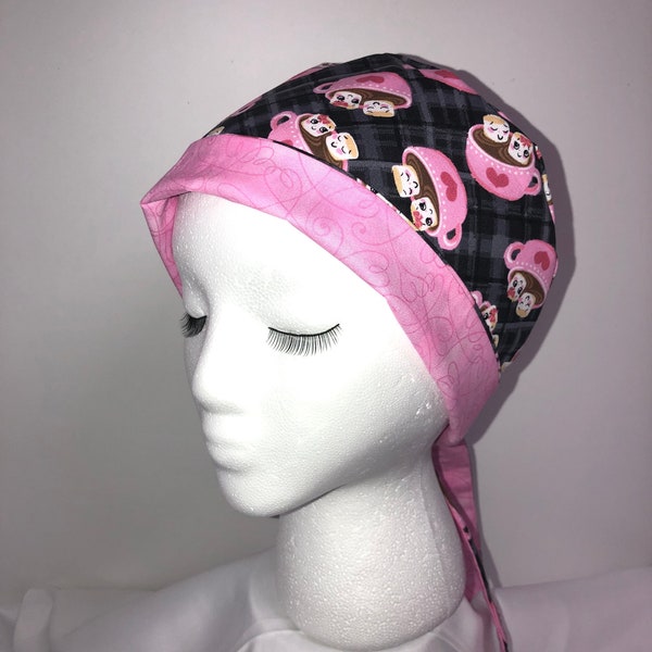 Ladies hot chocolate and marshmallows surgical scrub hat cap with ties