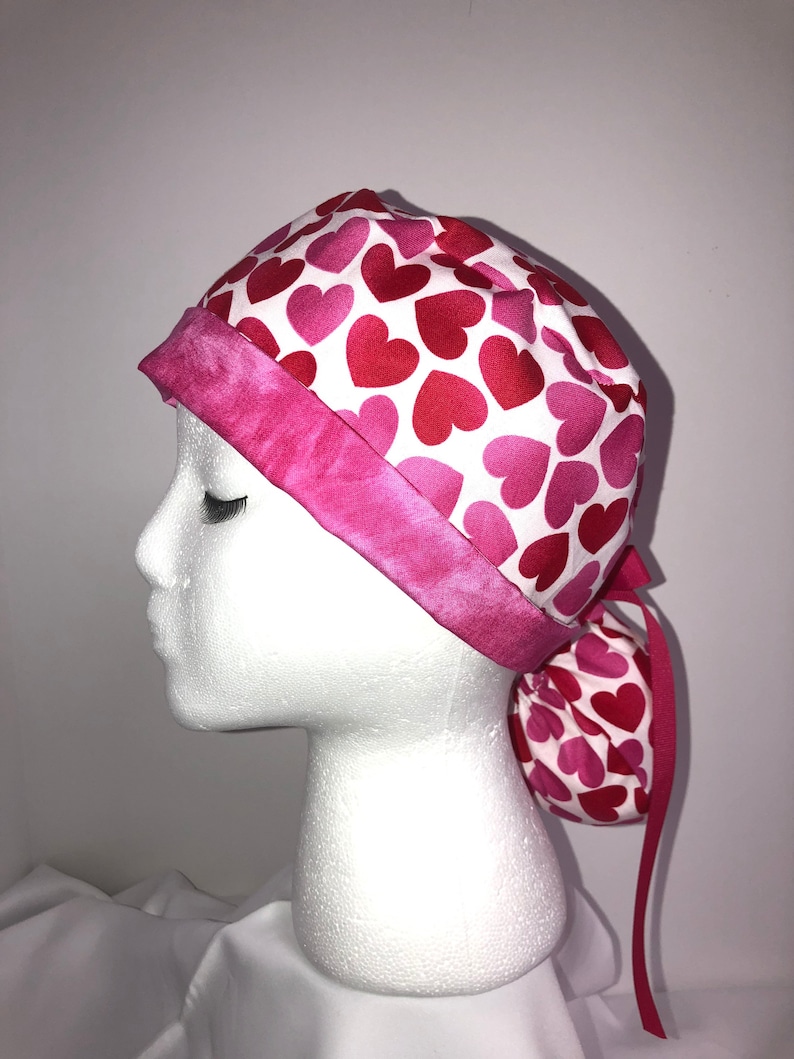 Ladies Valentine surgical scrub hat cap with ponytail