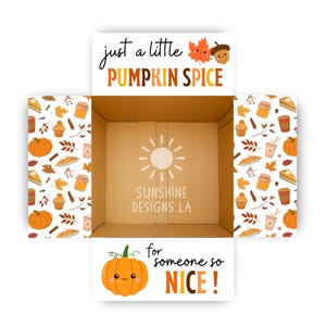 May include: An open cardboard shipping box with autumn-themed interior flaps. The top flap reads 'just a little PUMPKIN SPICE' with a leaf and acorn. The bottom flap reads 'for someone so NICE!' with a pumpkin. The base features a sun logo and 'SUNSHINE DESIGNS LA'.