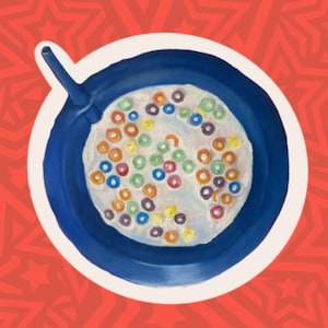 May include: A blue bowl filled with milk and colorful cereal rings. A blue straw sticks out of the bowl.