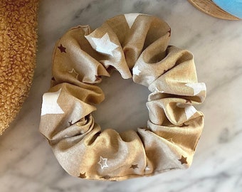 Star Print Cotton Scrunchie: Beige Brown Neutral Tone, Handmade