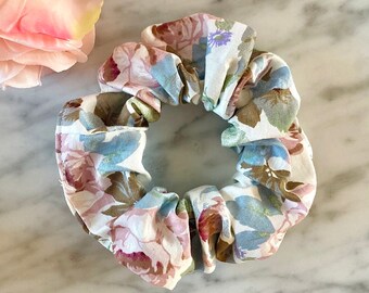 Vintage Floral Design Scrunchie - Blue and Pink Cotton (Free UK Delivery with 3+ items)
