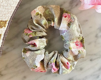 Beige Floral Flower Scrunchie - Cotton (Free UK Delivery with 3+ items)