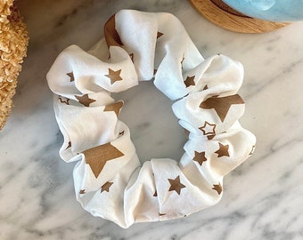 Handmade Cotton Scrunchie: White & Brown Star Print, Neutral Tone