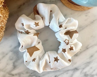 White and Brown Star Print Neutral Tone Scrunchie - Cotton (Free UK Delivery with 3+ items)