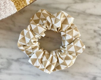 White Beige Geometric Triangle Neutral Tone Scrunchie - Cotton (Free UK Delivery with 3+ items)