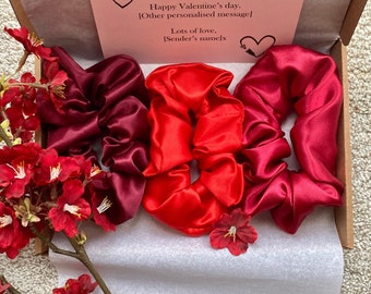 Red Satin Scrunchies Gift Box: Handmade Hair Accessories