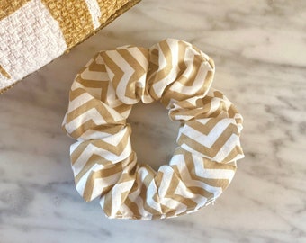 Brown White Beige Zigzag Neutral Tone Scrunchie - Cotton (Free UK Delivery when purchasing 3+ items)