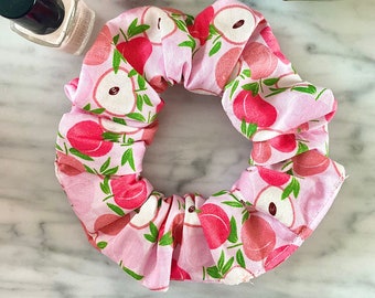 Peach Print Scrunchie: Fun Pink Cotton Hair Tie, Handmade