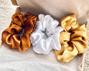 Gift Pack - 3 SATIN Scrunchies - Brown Copper, Mustard Gold, Ivory White BUNDLE - 2 sizes
