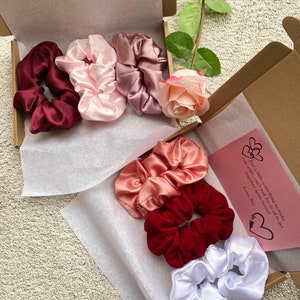 Gift Box 3 SATIN SCRUNCHIES Baby Pink, Burgundy Red, Mauve 2 sizes. Personalised image 9
