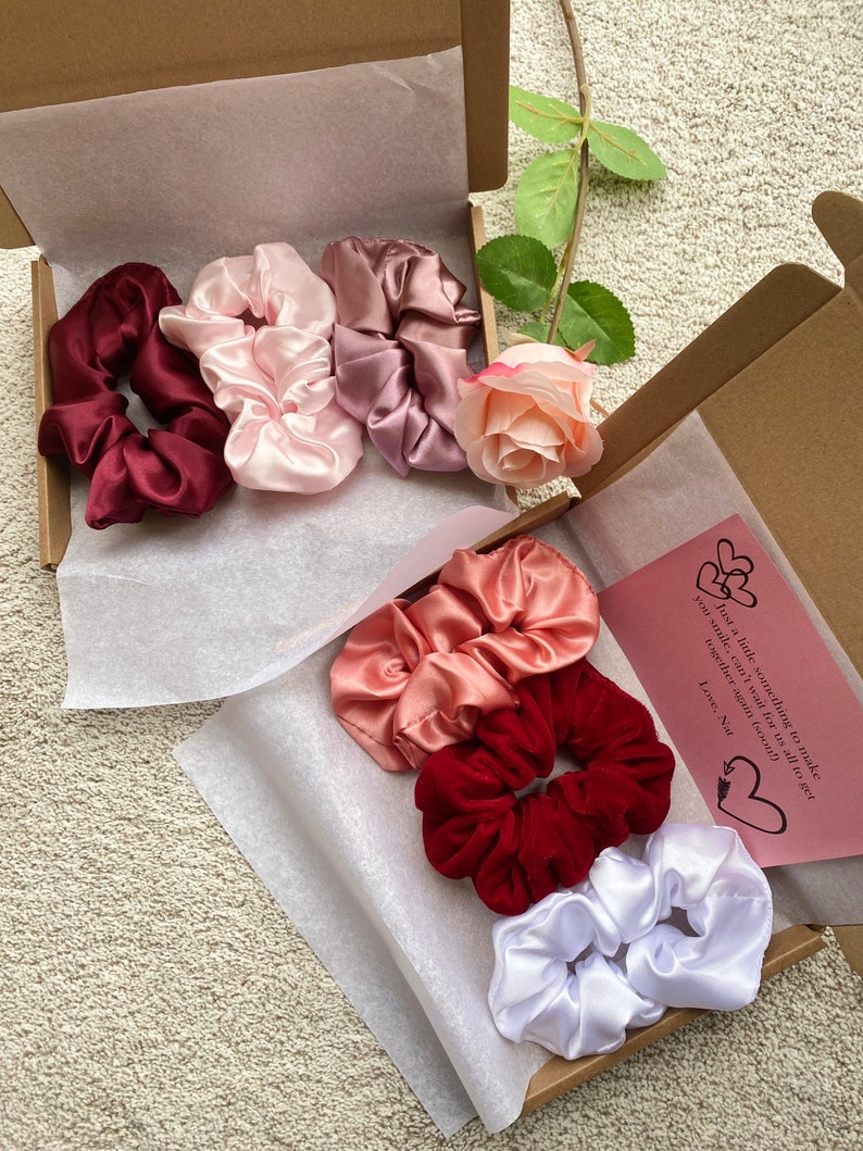 Gift Box 3 SATIN SCRUNCHIES Baby Pink, Burgundy Red, Mauve 2 sizes. Personalised image 9
