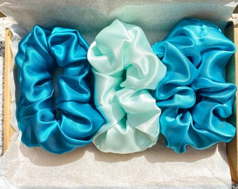 BLUE Gift Pack - 3 SATIN SCRUNCHIES - Turquoise Blue, Mint Green, Teal Sea - 2 sizes