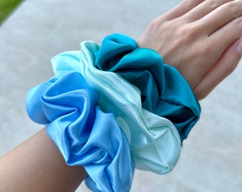 Blue Satin Scrunchie Set: Handmade Hair Accessories Gift Pack