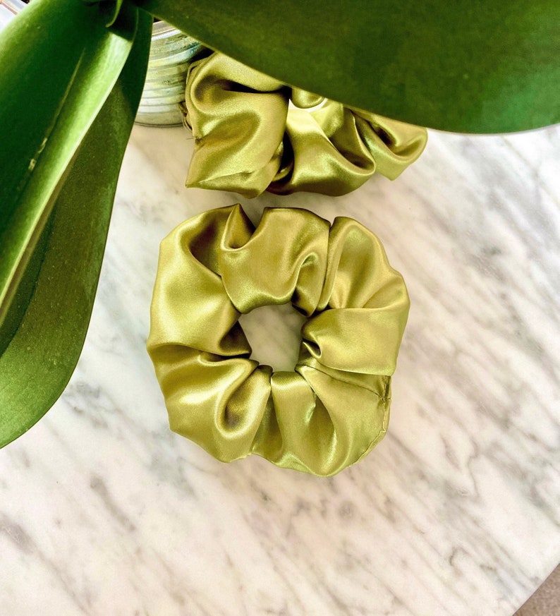 OLIVE green SATIN SCRUNCHIE 2 sizes Free Uk Delivery when purchasing 3 items image 1