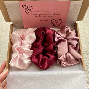 Gift Box 3 SATIN SCRUNCHIES Baby Pink, Burgundy Red, Mauve 2 sizes. Personalised image 1