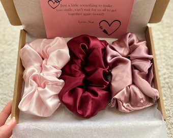 Gift Box - 3 SATIN SCRUNCHIES - Baby Pink, Burgundy Red, Mauve - 2 sizes. Personalised