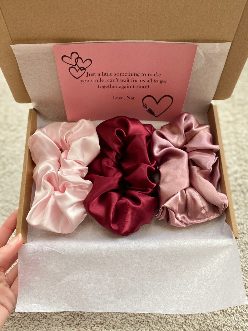 Gift Box 3 SATIN SCRUNCHIES Baby Pink, Burgundy Red, Mauve 2 sizes. Personalised image 1