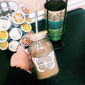 Mason Jar Coffee mug, Powered by iced coffee mug, butterfly iced coffee mason, wooden lid and reusable straw, rainbow mug, moon phases mug