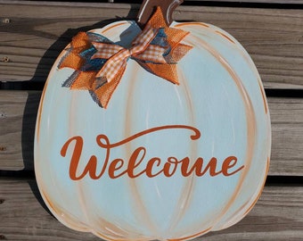 Fall Door Hanger, Thanksgiving Door Sign, Pumpkin Sign, Welcome Wreath, Blue and Orange Pumpkin, Fall Pumpkin, Autumn Decor, Fall Decor