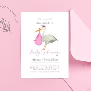 STORK Invitation, Baby Girl Stork, Pink Baby Invitation, Shower for Baby Girl invite, Stork Baby Shower, Baby with Stork, Digital/ Editable