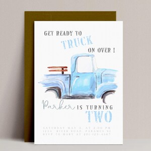 Light Blue Vintage TRUCK ON OVER Invitation, Editable Farmhouse Old Fashion Truck for Boys Birthday Party, Personal Invite Instant Download
